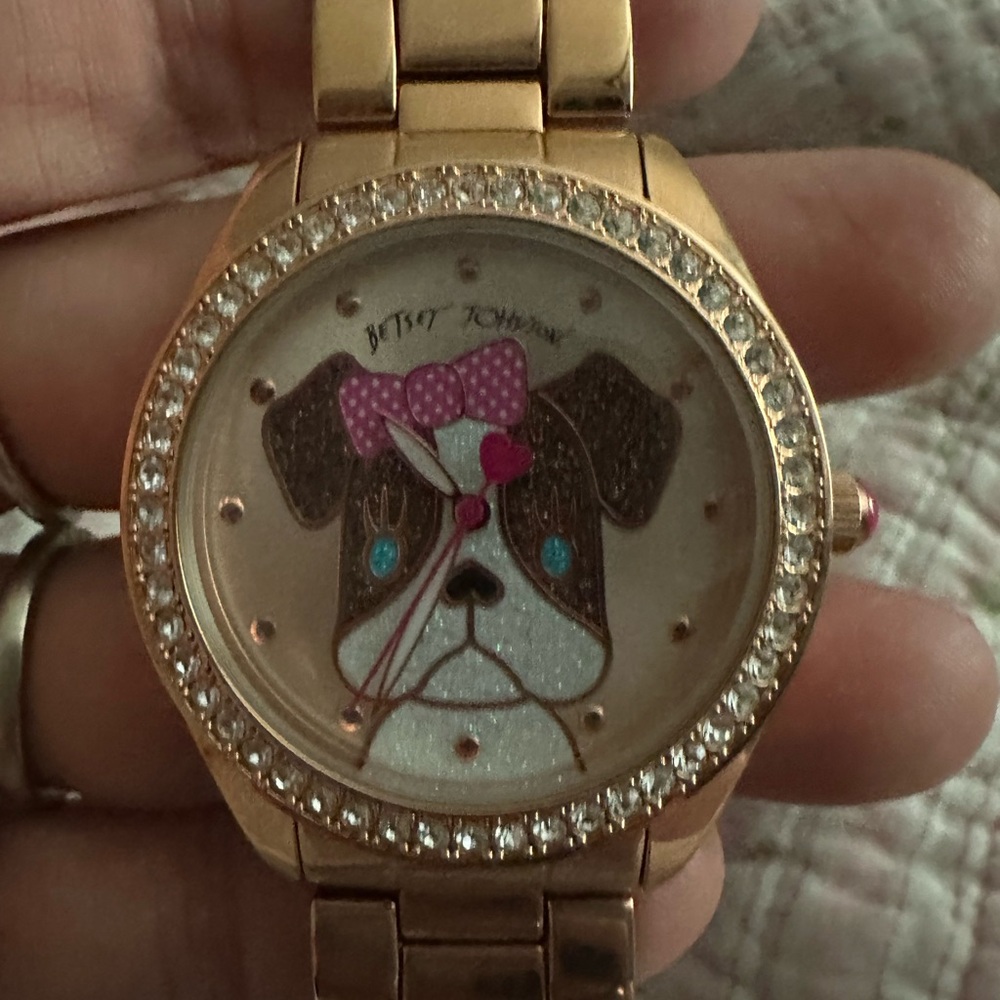 Betsey Johnson Pink Bow Dog Gold Watch